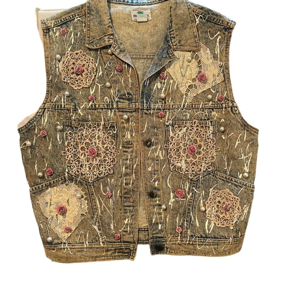 Vintage Palmetto's Denim Vest Lace Floral Embellishments - Medium Handpainted
